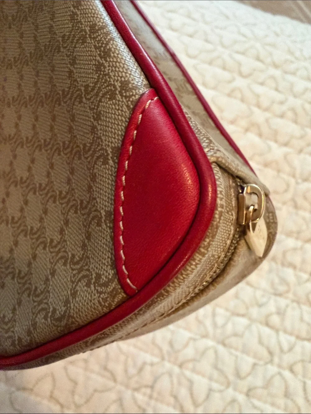 Celine Beige Monogram Cosmetic Case with Red Trim